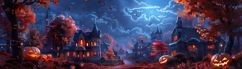 A magical Halloween evening where 3D cartoon pets collect treats surrounded by a tapestry of falling leaves and houses that echo with ghostly greetings - obrazy, fototapety, plakaty