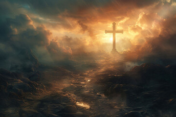 A mystical cross at the crossroads bridging realms of mortals and gods beckoning the brave to experiences of wonder