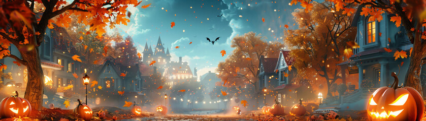 A magical Halloween evening where 3D cartoon pets collect treats surrounded by a tapestry of falling leaves and houses that echo with ghostly greetings - obrazy, fototapety, plakaty