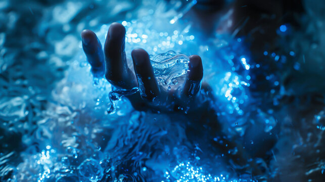 A hand bathed in blue with lights unfurling styled in distorted portraiture with trompe lil detail set against a light black and indigo backdrop
