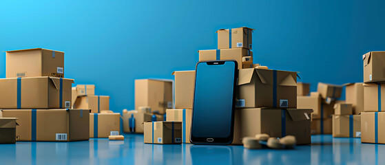 Online delivery visualization boxes on smartphone screen blue background 3D render