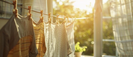 Closeup of clothes drying on a line indoors natural light filtering through