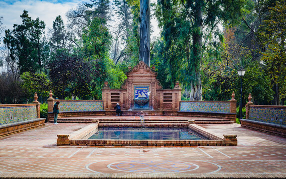 fountain in the park maria luiza in seville, andalusia, south of spain