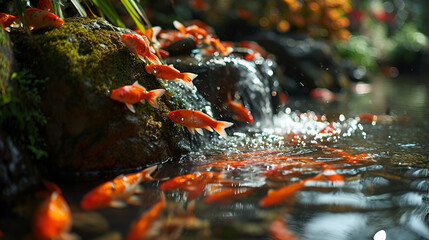 Beautiful koi fish in pond in the garden,  Orange small fishes in water on top view.