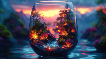 Fantastic forest in a wine glass, neon lights, realistic, glow - obrazy, fototapety, plakaty