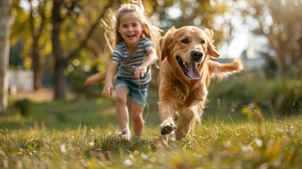 Young girl running with her best friend dog in the park. - obrazy, fototapety, plakaty