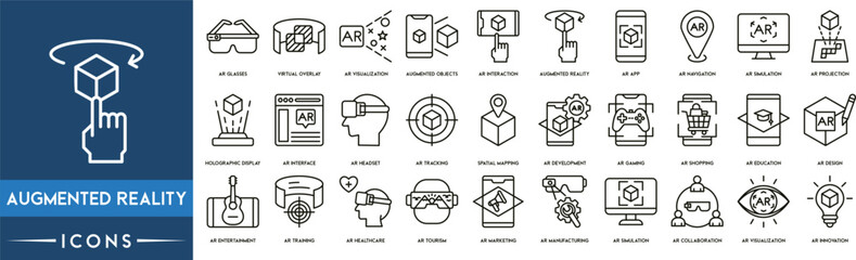 Augmented Reality Outline Icon Collection. AR Glasses, Virtual Overlay, Collaboration, AR Visualization, Augmented Objects, Simulation, Navigation, AR Simulation, Holographic and Display Development