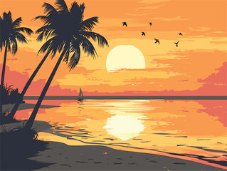 Sunset painting with palm trees, birds, and orange afterglow on a beach