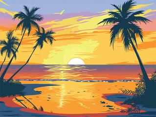 Fototapeta na wymiar Palm trees silhouetted against a radiant sky at sunset over a tropical beach