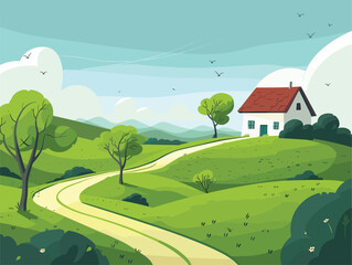 a cartoon illustration of a country road leading to a house on a hill