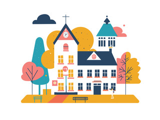 Illustration of a school building with clock tower, surrounded by trees