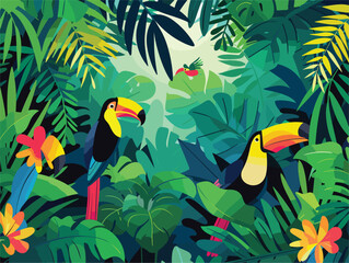 Two toucans perch among lush vegetation in the jungle - obrazy, fototapety, plakaty