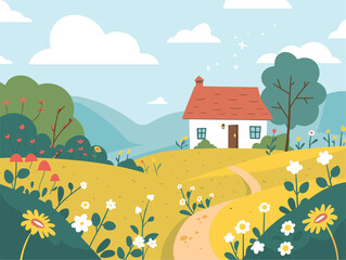 A house in a field surrounded by colorful flowers under a blue sky