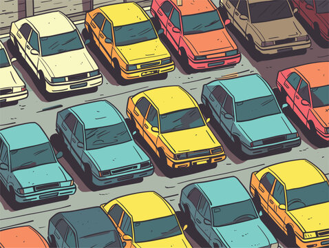 Multiple cars parked in lot under yellow automotive parking light