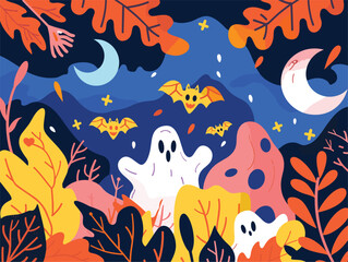 a cartoon illustration of ghosts , bats , and leaves in a forest