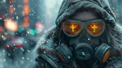 Tuinposter Fashion cyberpunk girl in leather hoodie jacket wears gas mask with protective glasses, filters. Colorful 3d render of human skull with cross in eyes, glowing green wires on night light bokeh in city © Robin