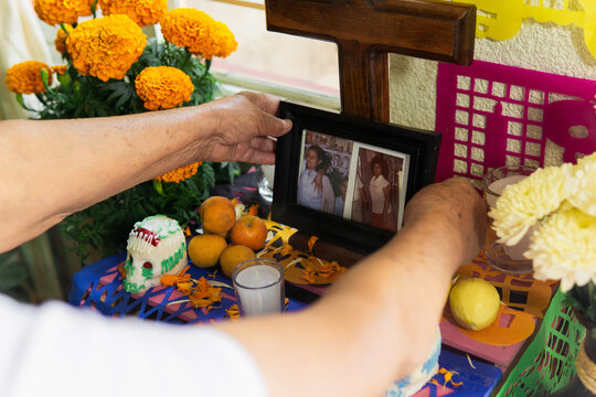 Close-up of a family altar in Mexico.