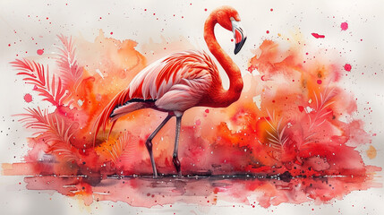 Hand drawn watercolor tropical birds flamingo