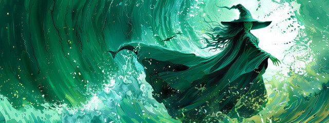 Obraz premium Witch riding ocean waves under a cosmic galaxy cluster