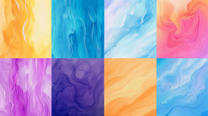 A set of nine watercolor paintings with different colors and patterns
