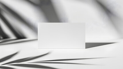 A blank business card mockup on a white background, with details of the card's clean design, the background's clean lines, and the surrounding shadows.