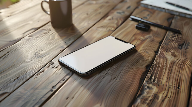 A blank smartphone mockup on a wooden table, with details of the phone's sleek design, the table's natural texture, and the surrounding objects.