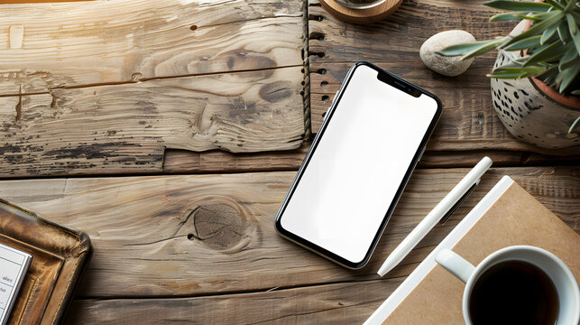 A blank smartphone mockup on a wooden table, with details of the phone's sleek design, the table's natural texture, and the surrounding objects.