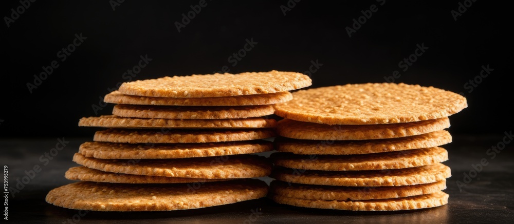Poster a stack of cookies is neatly arranged on top of a wooden table. the cookies are various sizes and fl