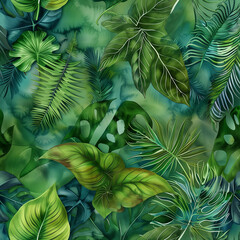 A lush green jungle scene with many different types of leaves and plants
