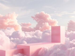 A pink cloud filled sky with a pink building in the middle