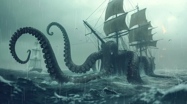 Epic Encounter: Giant Octopus Engages Pirate Ship in High Seas Battle Seamless looping 4k time-lapse virtual video animation background. Generated AI