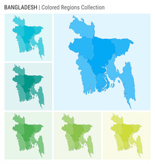 Bangladesh map collection. Country shape with colored regions. Light Blue, Cyan, Teal, Green, Light Green, Lime color palettes. Border of Bangladesh with provinces for your infographic.
