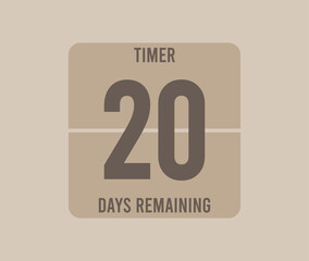 Timer 20 days remaining. Calendar page remaining days, time countdown. Vector for promotions and events