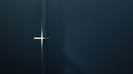 A dark blue background with a silver cross in the center
