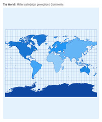 World Map. Miller cylindrical projection. Continents style. High Detail World map for infographics, education, reports, presentations. Vector illustration.