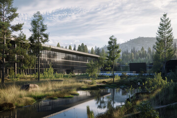 Fototapeta premium A large building with a lot of trees in the background