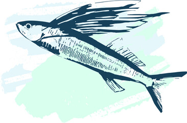 トビウオの海の魚の墨絵