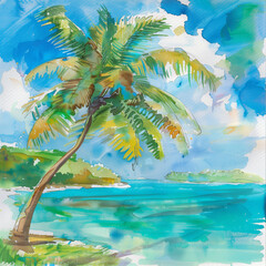 Fototapeta na wymiar A painting of a palm tree with a blue sky in the background