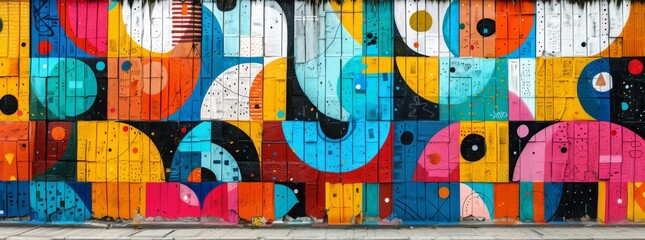 Colorful geometric street mural with an array of shapes and patterns on an urban wall.