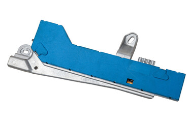 Plastic car engine control unit with metal elements on a white isolated background is the connecting center of various subsystems, units and assemblies. Monitoring the state of the moment. Spare part