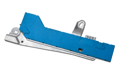 Plastic car engine control unit with metal elements on a white isolated background is the connecting center of various subsystems, units and assemblies. Monitoring the state of the moment. Spare part