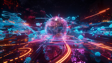 A futuristic cityscape with a glowing orb in the center