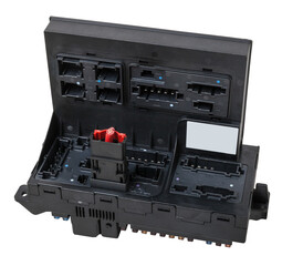 Metallic car engine control unit with plastic elements soaring on a white isolated background is...