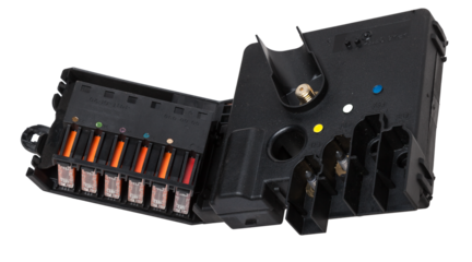 Automotive fuses box in different colors and each color is responsible for the specific value of the protection defined in amperes. Catalog of spare parts.