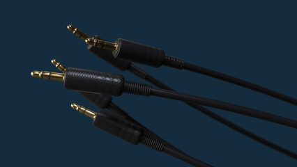 3D Abstract Audio AUX cable spinning on dark blue background.