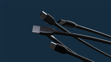 3D Abstract Video HDMI cable spinning on dark blue background.