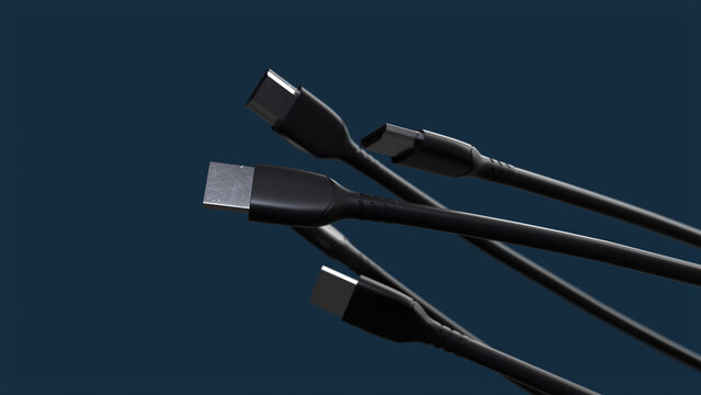 3D Abstract Video HDMI cable spinning on dark blue background.