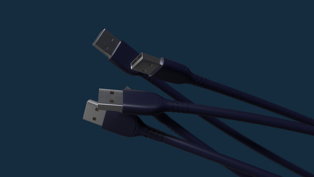 3D Abstract Data USB cable spinning on dark blue background.