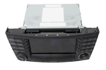 an media audio system and a radio in gray and black plastic of car with cd and mp3 music on white...