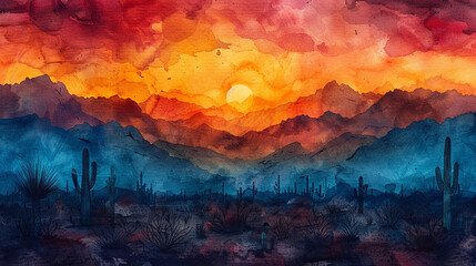 Watercolor background with desert and cacti - obrazy, fototapety, plakaty